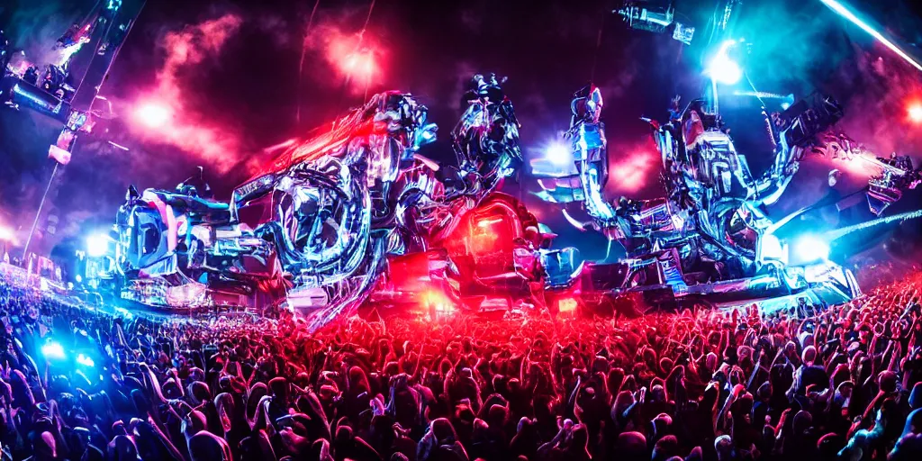 Image similar to the year of 2 0 4 9, the coolest + future + end of the world + edm show, 1 0 0 0 0 peoples watch the dj lives, huge digital robot on the middle of the stage, dance music show, maximum detailed, 2 4 mm fob lens, wide angle,