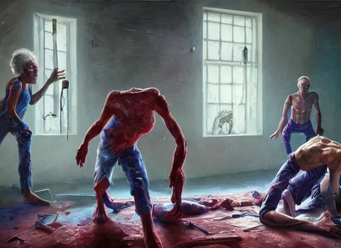 Prompt: skinny, old people fighting aliens inside an abandoned room # # # hospital bed # # #, depth of field, hauntingly surreal dystopian, emotionally expressive, highly detailed oil painting, soft light 4 k, red, blue and purple colour palette, cinematic composition, cinematic lighting, masterpiece by greg hildebrandt, and mark brooks