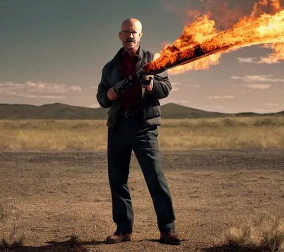 Image similar to flynn from breaking bad holding a flamethrower, movie still, photorealistic, clean composition