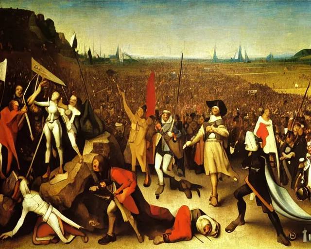 Prompt: Liberty Leading The People By Eugène Delacroix painting by Hieronymus Bosch