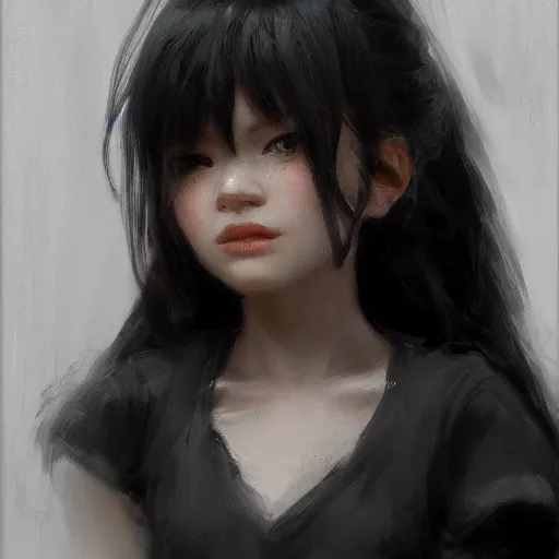 Image similar to a cute girl by ruan jia, 8 k, closeup headshot, smooth, trending on artstation, black long hair, black eyes, movie poster style