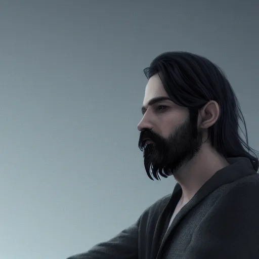 Image similar to a long, dark haired man with a light beard, dressed casually offering a handshake towards the camera, cinematic, gloomy background, realistic, digital art, character art, 8 k