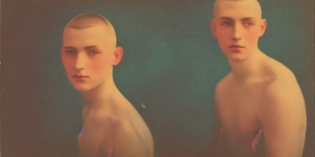 Prompt: vintage polaroid analog photo of a beautiful young gay man with a buzzcut, warm azure tones, heavy lensflare, color bleed, film grain, depth of field, jules bastien - lepage, rudolph belarski, johfra bosschart, alexandre cabanel