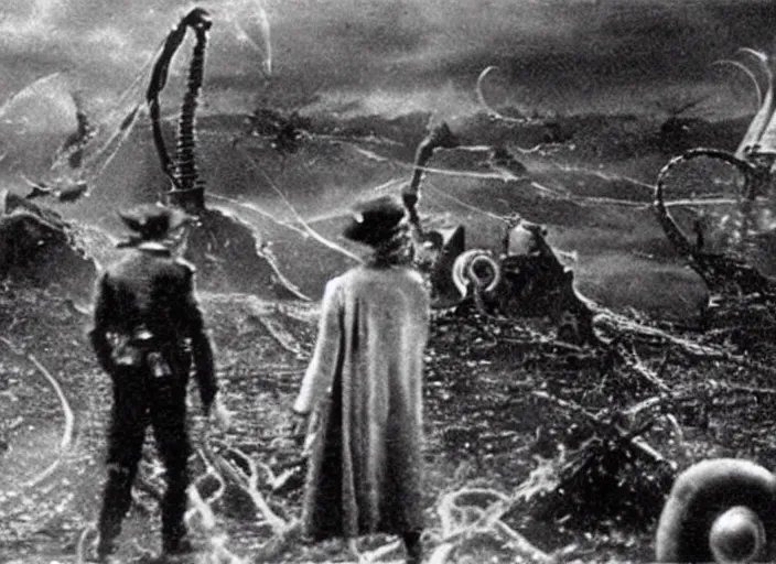 Prompt: scene from the 1919 science fiction film The War Of The Worlds