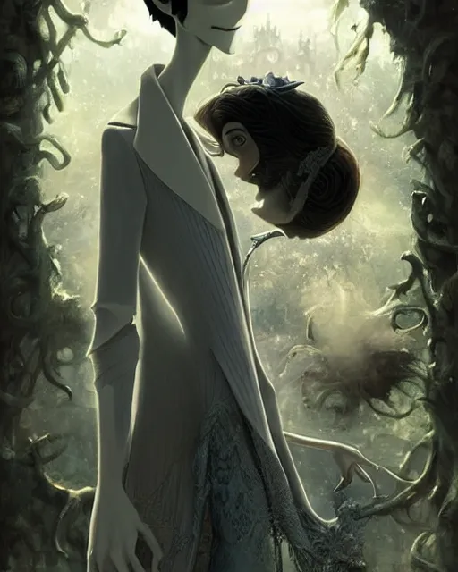 Image similar to elegant mysterious solemn desperate male victor van dort from the movie the corpse bride, portrait, illustration, the land of the death, rim light, top light, summer clear blue sky, perfectly shaded, soft painting, art by krenz cushart and wenjun lin