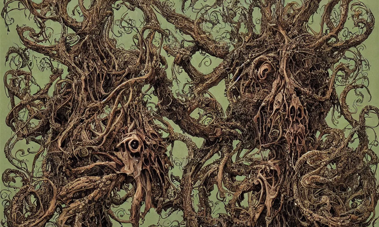 Image similar to hyperdetailed art nouveau portrait of treebeard as a cthulhu eyeball skull dragon chimera, by geof darrow, simon bisley and bill sienkiewicz, grim yet sparkling atmosphere, photorealism, claws, skeleton, antlers, fangs, forest, wild, crazy, horror, lynn varley, lovern kindzierski, steve oliff