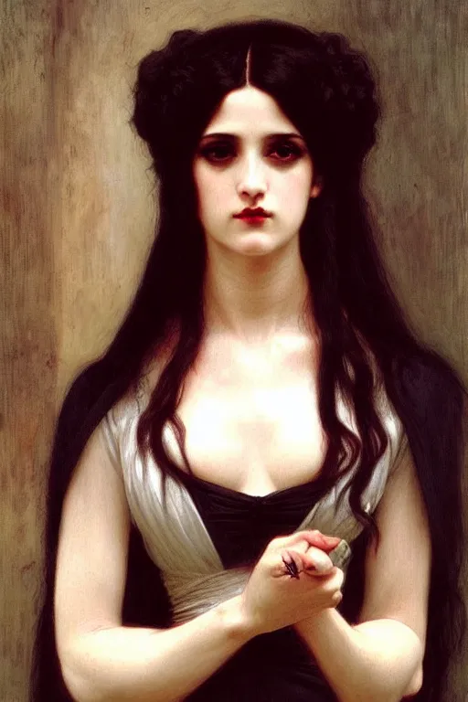 Image similar to victorian vampire black hair, painting by rossetti bouguereau, detailed art, artstation