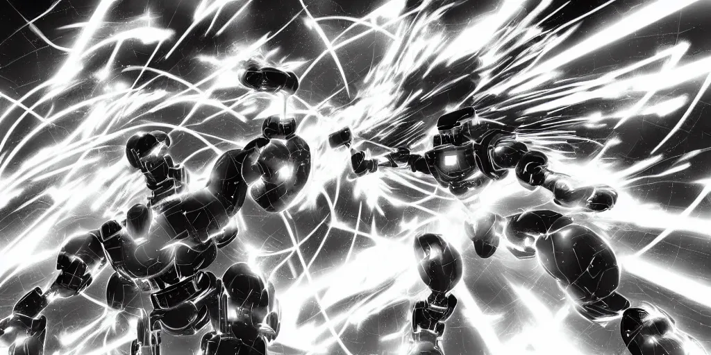 Prompt: a simple black and white pencil storyboard of a giant humanoid athletic sleek futuristic humanoid robot mech powering up as small floating particles swirl around it, lines of energy, going supersaiyan