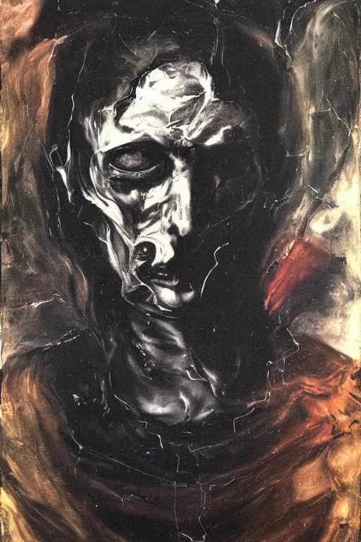 Image similar to menacing portrait of medici emerging from the dark void, lonely figure in the darkness, painted by Adrian Ghenie El Greco, painted by Lucian Freud, polaroid, Renaissance, John Singer Sargant, glitch