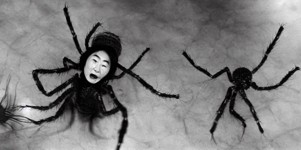 Prompt: Yoko Ono as the giant spider Shelob from Lord of the Rings, Directed by Stanley Kubrick, 1970, 35mm