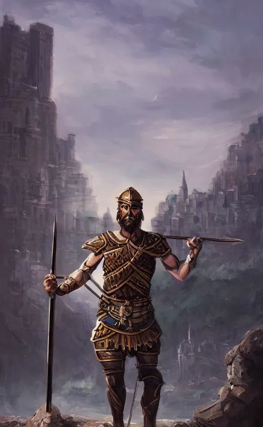 Image similar to a painting of a hoplite with a spear and shield, a city in the background, ultra detailed, high fantasy, 4 k, trending on artstation, cinematic, concept design