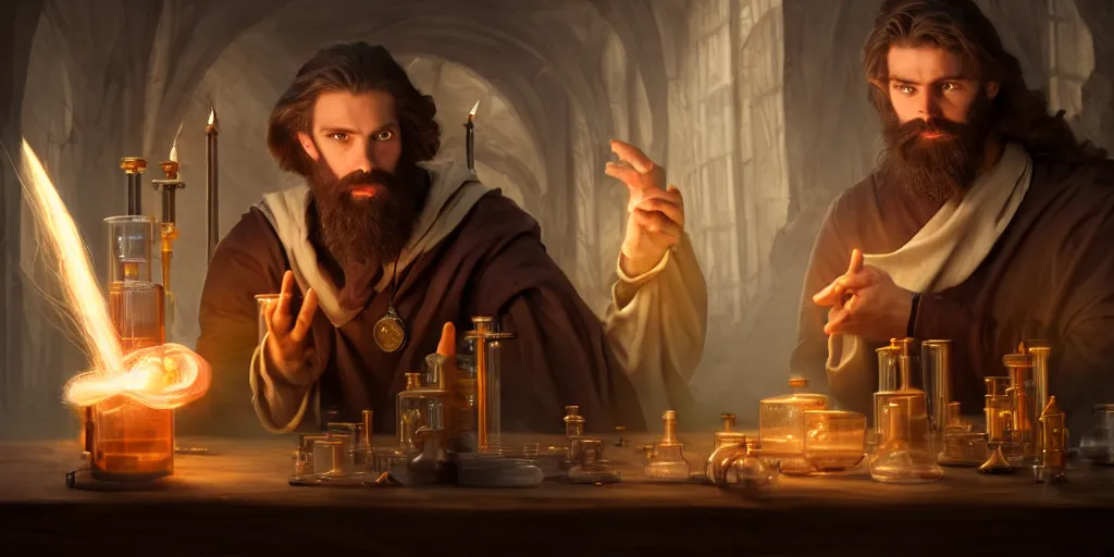 Image similar to a handsome bearded caucasian male sorcerer with brown hair he is casting a spell with flowing energy, he is in a alchemist lab filled with beakers and equipment, neutral pose, epic composition, 4 k, light rays, super coherent, by dave melvin 2. 0 | dan luvisi 1. 0 | greg rutkowski 0. 5