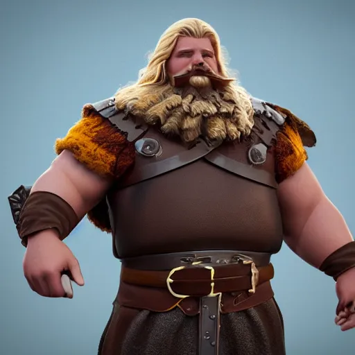 Image similar to a handsome, corpulent viking with blond hair, clash royal style characters, unreal engine 5, octane render, detailed, cinematografic, cinema 4 d