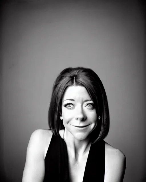 Prompt: award winning photo of Alyson Hannigan, chesterfield lounge, symmetrical face, beautiful eyes, studio lighting, wide shot art by Sally Mann & Arnold Newman