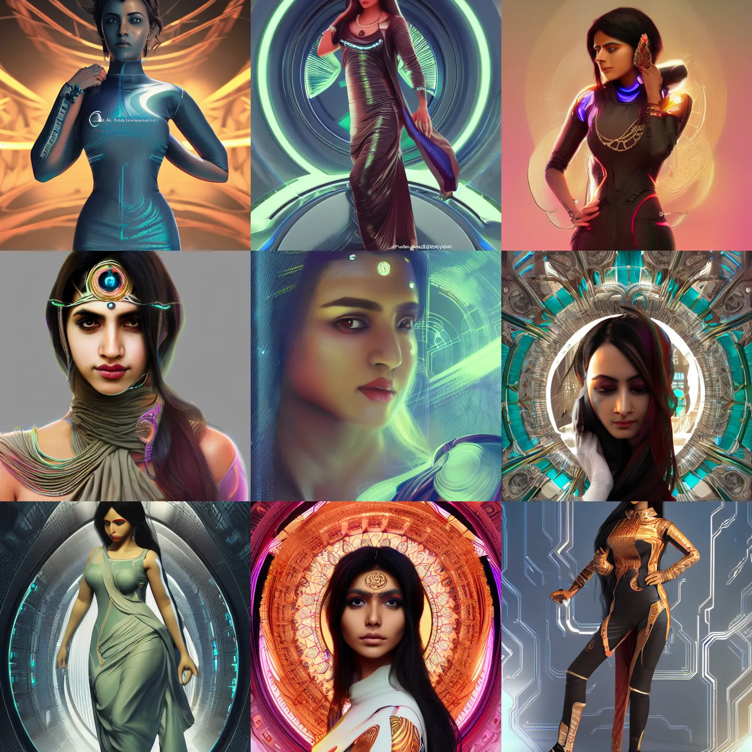 Prompt: south asian woman in a futuristic hacker wear, as seen on artgerm, octane render, in the style of alphonse mucha, ultra realistic, highly detailed, 8 k