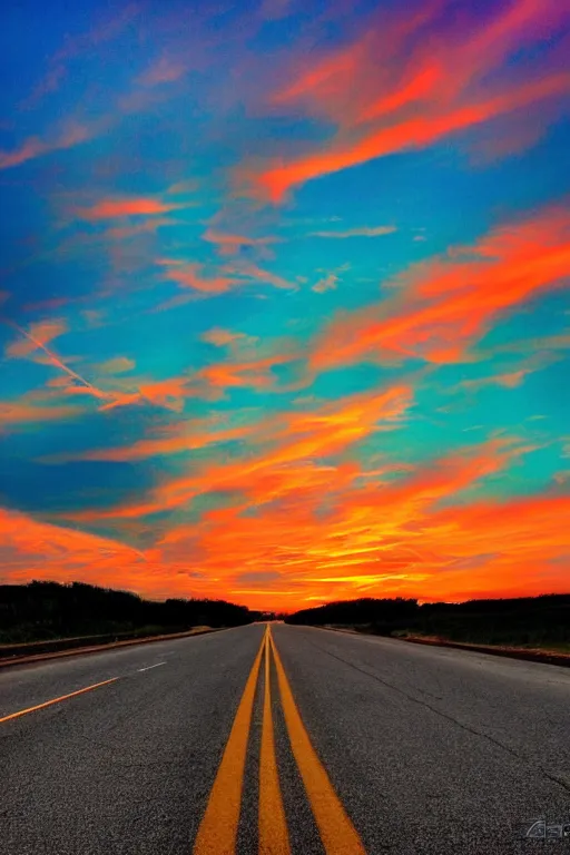 Prompt: colourful sunset at the end of a long highway by zack doehler