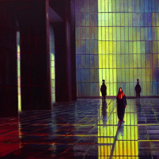 Image similar to scene, moment, beautiful woman, courtyard, capital, cybermosque interior, control panel, watcher, omniscient, tech noir, wet reflections, impressionism, matte painting, speed painting, chiaroscuro, oil on canvas