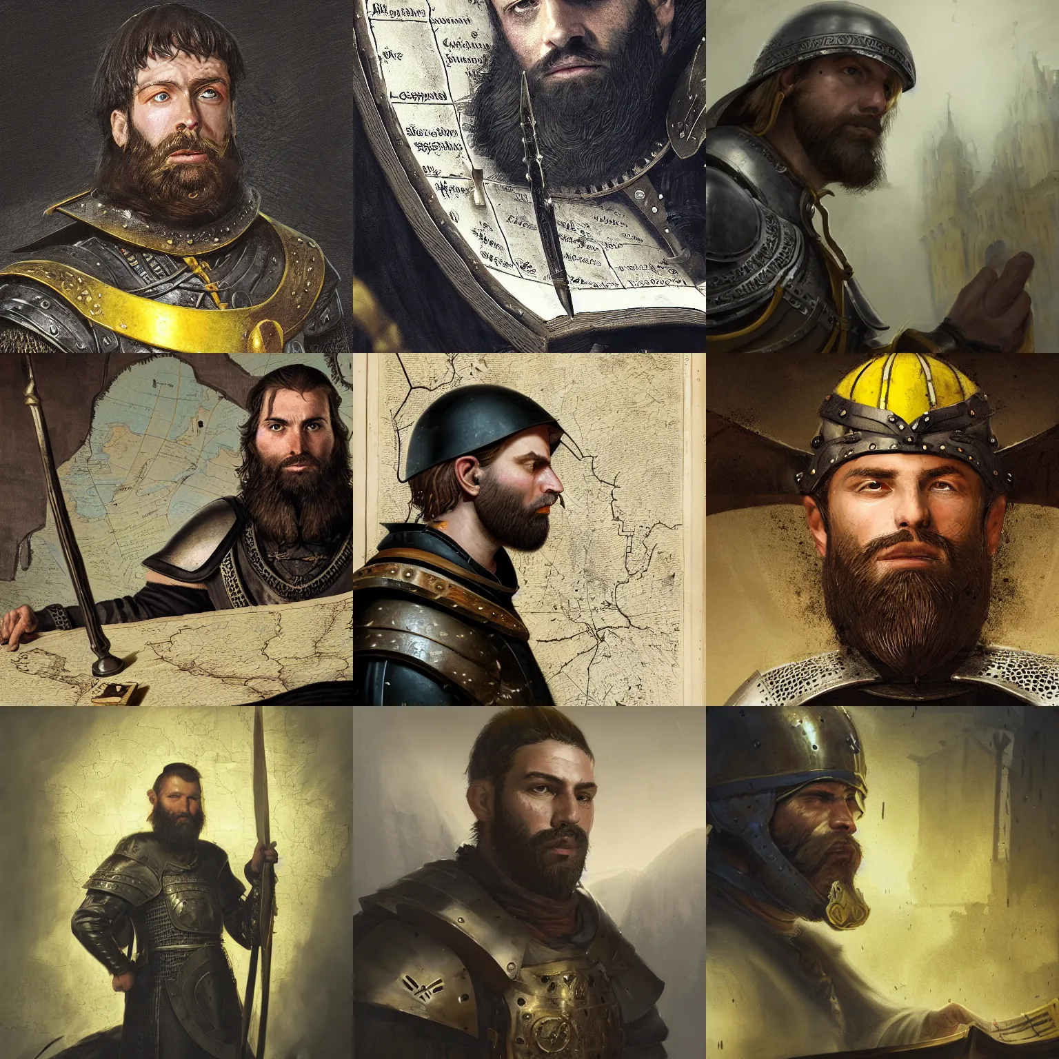 Prompt: Closeup of frustrated male medieval lieutenant with a {short} beard wearing a black!!!! and yellow tabard over a steel breastplate and a black gambeson looking up from a map on a table, intricate, dramatic lighting illustration by Greg Rutkowski, ArtStation, digital art, fantasy