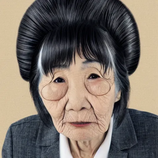 Image similar to portrait of an elderly Japanese woman dressed on a suit and tie, her gray hair in a tight bun, a serious expression on her face, digital art, elegant pose, illustration