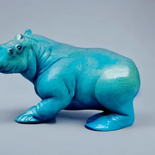 Image similar to small hippopotamus sculpture on a desk with bottom part and legs made out of wood and back and top part out of blue epoxy sculpture, mix, decorative small, 3 5 mm macro photography, studio