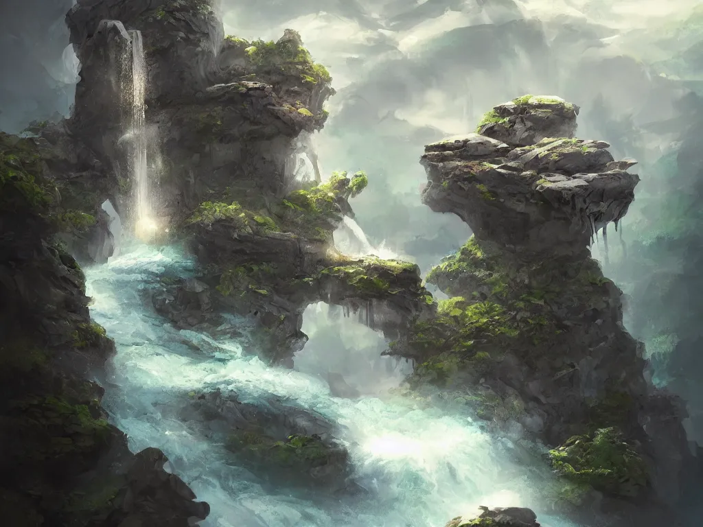 Prompt: A beautiful concept art painting of a giant levitating stone with waterfalls falling off its edges, by Natasha Tan, trending on artstation, dramatic lighting