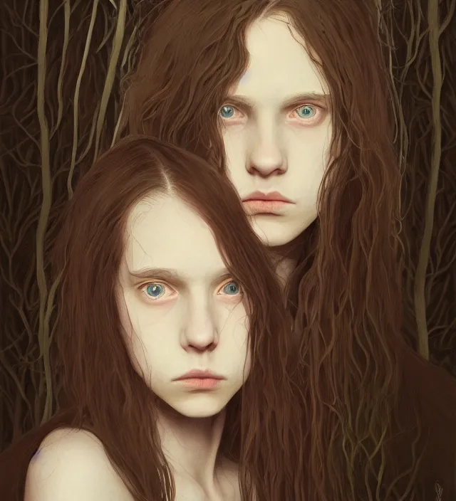 Prompt: portrait of shy american teenage fantasy witch, grzegorz rutkowski, symmetry, deep dark forest, dramatic lighting, moody, directional lighting, awkward, intelligent, contemplative, frizzy brown hair, volumetric lighting, symmetrical face, pale scottish girl, nervous, art by alasdair gray, brown hair, sad blue eyes, trending on artstation