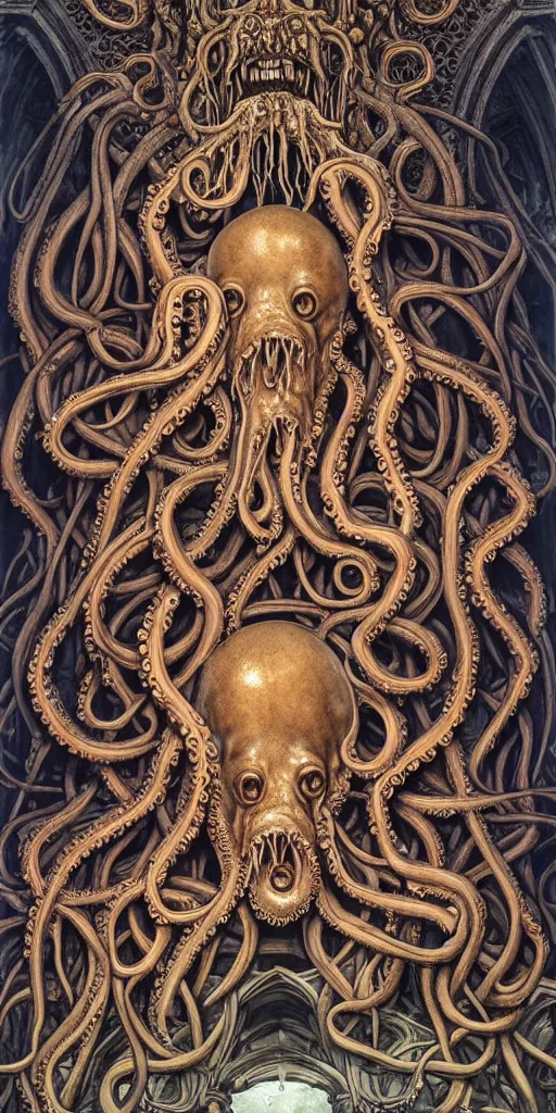 Prompt: group of human mages with octopus heads arguing with prehistoric jellyfish medusa colossal head in an ancient mage castle hall enormous scale, gothic and baroque, brutalist architecture, ultradetailed, Intricate by James Jean and Josan Gonzalez and John Howe and Giuseppe Arcimboldo