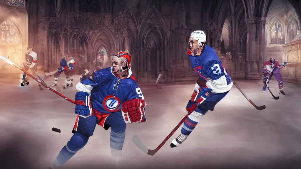 Image similar to A fantasy comic book style portrait painting of the ghost of Guy Lafleur and other Habs Legends playing hockey in a stunning cathedral arena in heaven, unreal 5, DAZ, hyperrealistic, octane render, RPG portrait, dynamic lighting