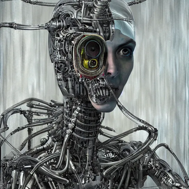 Image similar to robot artist painting a self - portrait on a canvas. intricate, highly detailed, digital matte painting in the style of h. r. giger. irony, recursion, inspiration.