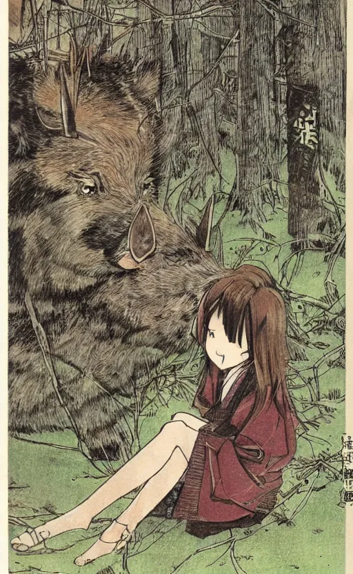 Prompt: by akio watanabe, manga art, boar is curios about girl with brown hair sitting in forest, trading card front, kimono, realistic anatomy