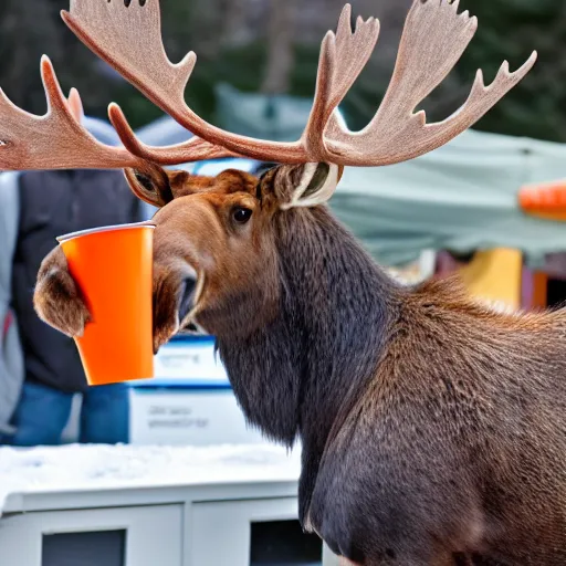 Image similar to a moose with an orange hoodie and antlers selling coffee at a stand in peterborough new hampshire, realistic, 8 k