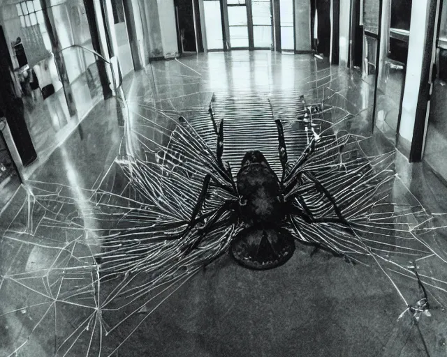 Prompt: camera footage of a Gigantic Spider Demon in an abandoned shopping mall, high exposure, dark, monochrome, camera, Unreal engine 5, grainy, CCTV, security camera footage, timestamp, zoomed in, fish-eye lens, Evil, spider, horrifying, lunging at camera :4