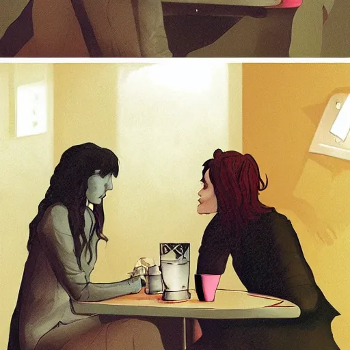 Prompt: an empathetic death from the'the sandman ', realism, soft lighting, cute, kindness, cafe