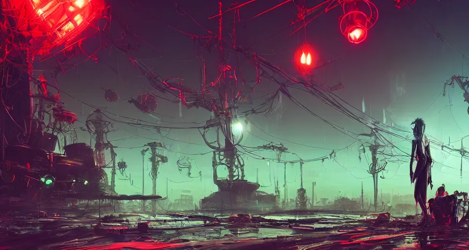 Prompt: beautiful low angle painting of ab alien world with unknown structures and technolog, steampunk, wires everywhere, junk on the ground, neon lights, red neon highlights, a tiny girl watching on, moody atmosphere, epic composition, dramatic lighting, trending on artstation, octane render, by robert zemeckis