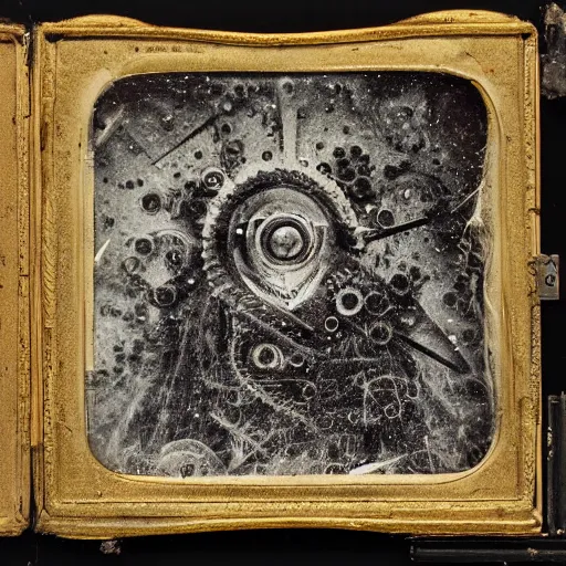 Prompt: old wetplate daguerreotype portrait of the birth of a super villain, explosion of data fragments, fractal, intricate, elegant, highly detailed,