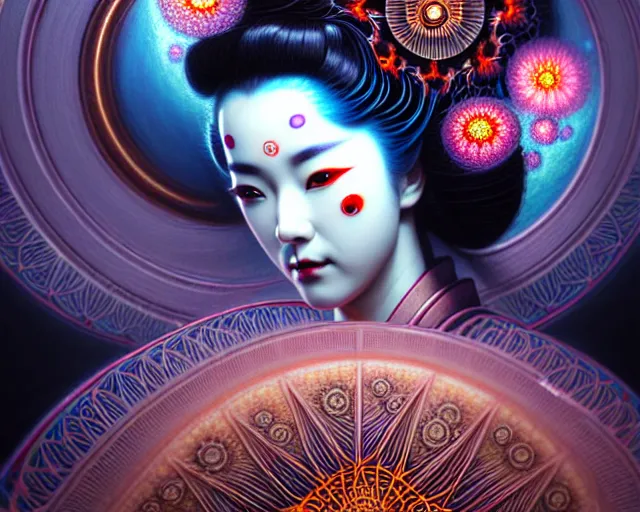 Image similar to a headshot of a geisha offset in the frame, surrounded by fractals, mandalas, cherry blossoms, hadron collider technology, metal gears, swirling bioluminescent energy, art by peter mohrbacher and dan mumford, 8 k octane render, hyperrealistic, zbrush, cinema 4 d