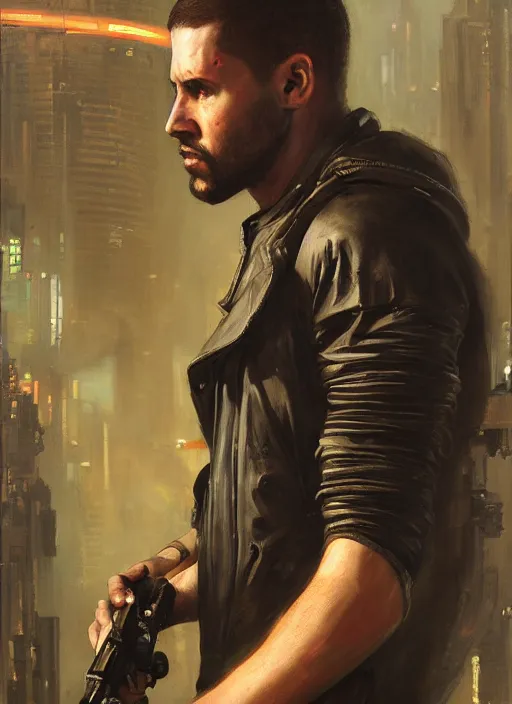 Image similar to adam smasher. cyberpunk mercenary in a cyberpunk jumpsuit ( blade runner 2 0 4 9, cyberpunk 2 0 7 7 ). orientalist portrait by john william waterhouse and james gurney and theodore ralli and nasreddine dinet, oil on canvas. cinematic, hyper realism, realistic proportions, dramatic lighting, high detail 4 k