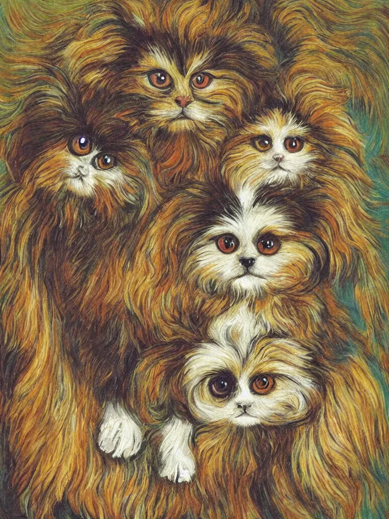 Prompt: a cream colored havanese dog with very large eyes, surreal, painting by louis wain