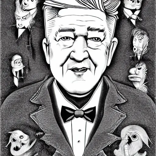 Image similar to portrait of David Lynch by Joe fenton, b&w and yellow