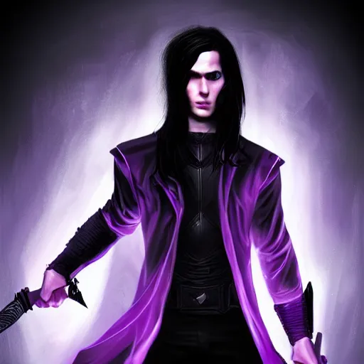 Image similar to An epic fantasy comic book style portrait painting of a young man with straight long black hair lilac eyes. Wearing black spy combat clothes. He is holding knives in both hands. Menacing look. Dark purple energy portal around, born from shadows. Unreal 5, DAZ, hyperrealistic, octane render, cosplay, RPG portrait, dynamic lighting