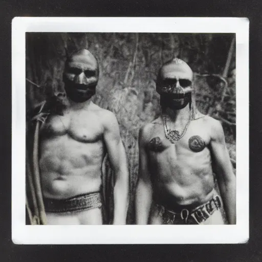 Image similar to polaroid of skull white tribes men by Tarkovsky