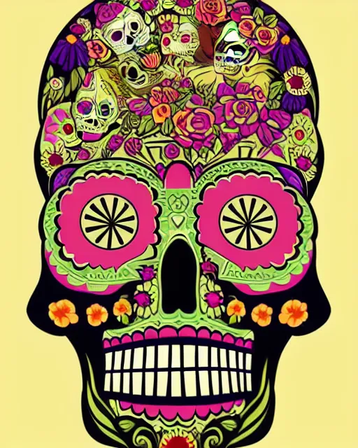 Prompt: dia de los muertos theme poster art in the styles of artemio rodriguez, lisa brawn, and gustave bauman, intricate, accurate facial details, profile picture, vector graphic, vibrant,