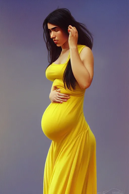 Image similar to pregnant dua lipa in a yellow dress, realistic portrait, symmetrical, highly detailed, digital painting, artstation, concept art, smooth, sharp focus, illustration, cinematic lighting, art by artgerm and greg rutkowski and alphonse mucha