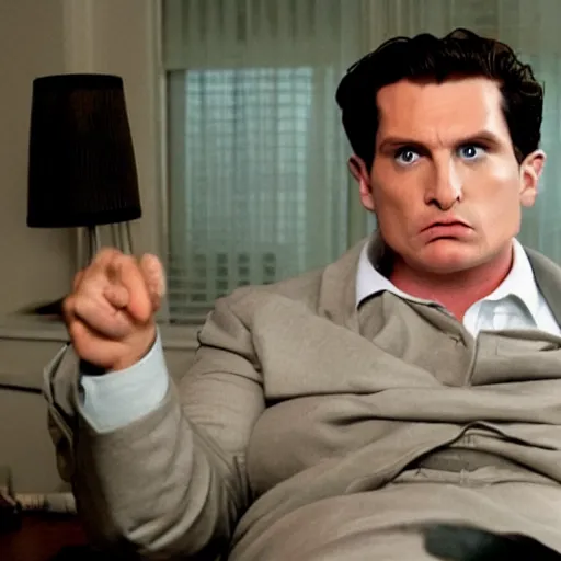 Prompt: very overweight Patrick Bateman, movie still, realistic