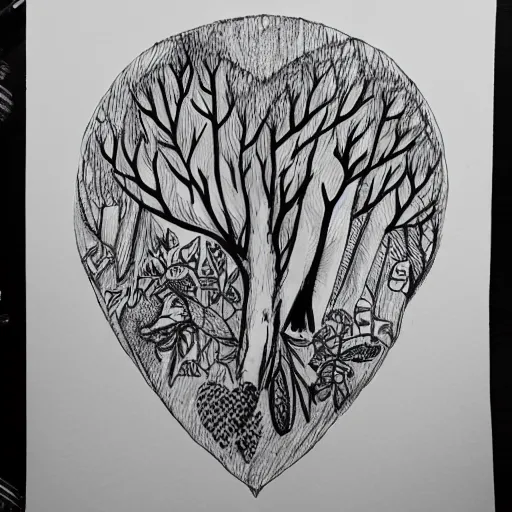 Image similar to heart of the forest, sketch, illustration, cross hatched, black ink on white paper