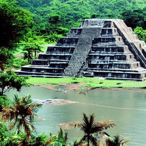 Prompt: mayan pyramids in a jungle next to a camp with tents and a river, photorealistic, highly detailed, photo, cinestill