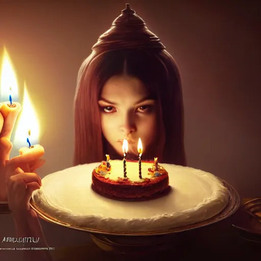 Prompt: beautiful centered in frame food photography of a delicious looking candle lit birthday cake ; crisp sharp focus ; ultra realistic, concept art, intricate details, pastry cream, highly detailed, photorealistic, octane render, 8 k, unreal engine. art by artgerm and greg rutkowski and charlie bowater and magali villeneuve and alphonse mucha