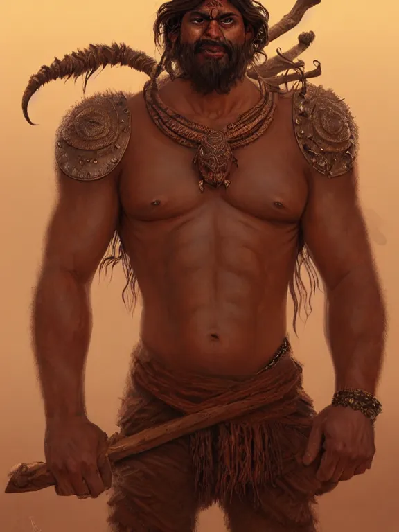 Image similar to portrait of a brown desert troll, looking at camera, d & d, large muscular savage warrior, cloth attire, short aztec hair, large noses, intricate, fantasy, extremely detailed, digital painting, artstation, concept art, smooth, sharp focus, illustration, ambient lighting, art by artgerm and greg rutkowski and alphonse mucha and simon stalenhag