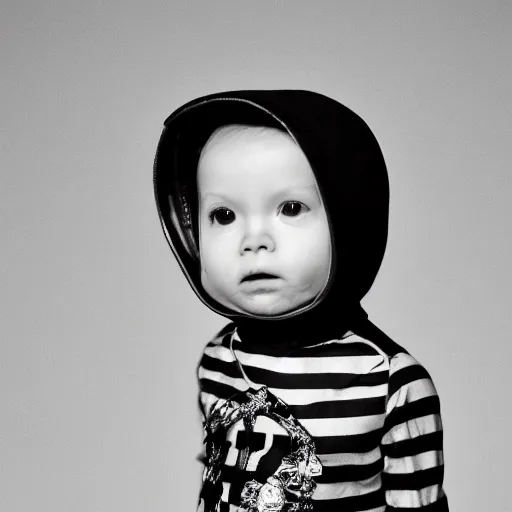 Image similar to the face of punk rock alien at 1 years old wearing balenciaga clothing, black and white portrait by julia cameron, chiaroscuro lighting, shallow depth of field, 8 0 mm, f 1. 8