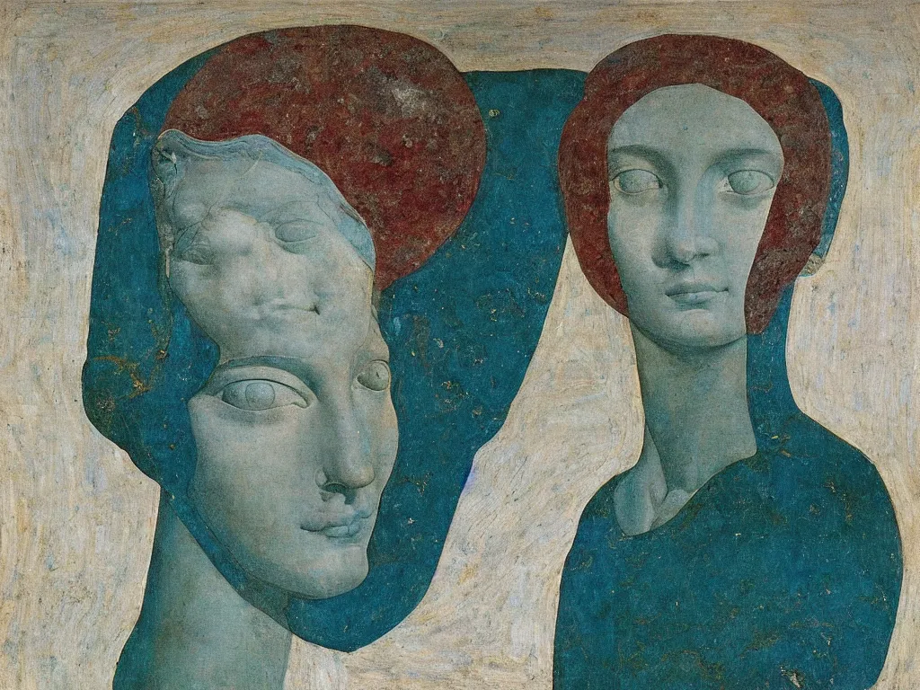 Image similar to marble greek sculpture head of the godess of the future with inlaid crystal eye. lapis - lazuli, turquoise, malachite, cinnabar, earth brown. painting by piero della francesca, balthus, agnes pelton